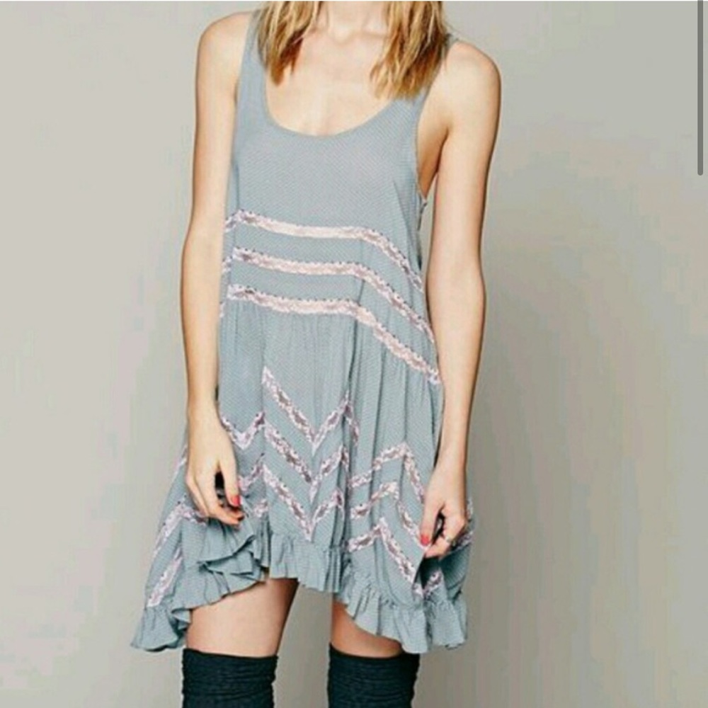 Free People Voile and Lace Trapeze Slip Dress in Rare Hazy Teal XS